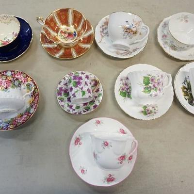 1074	9 DECORATED CUP & SAUCER SETS-ROYAL ALBERT, REGENCY, CROWN STAFFORDSHIRE, ETC
