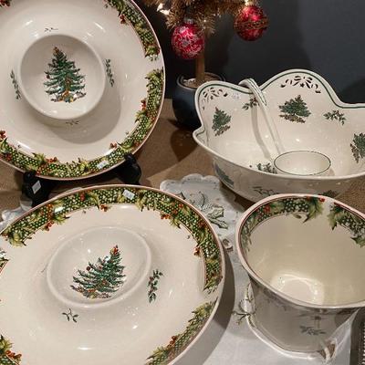 Spode Christmas tree punch bowl and ladle, serving trays, planter, and plates