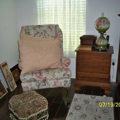 Floral Wing back Chair, 3 Drawer Nightstand, Lamp.