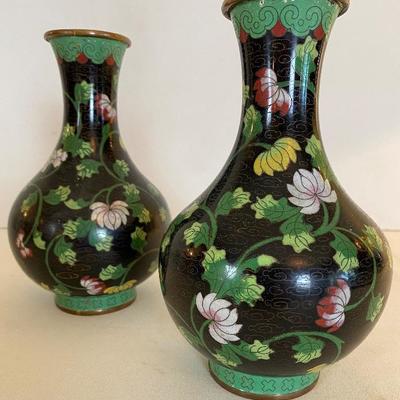 Pair of Black Cloisonné Vases w/Green Vines.  