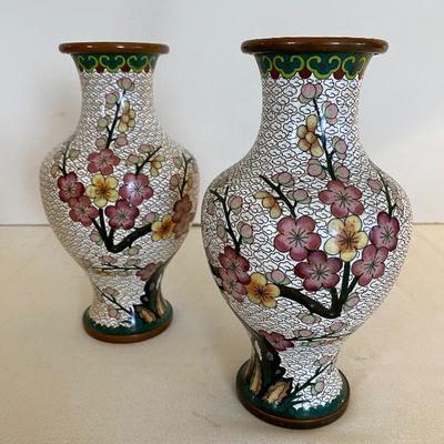 Pair of White Cloisonné Vases w/Floral Design.  