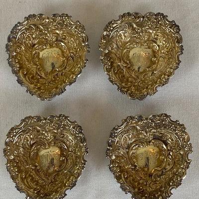 Four Victorian Sterling Repousse Heart Shaped Nut Cups.  