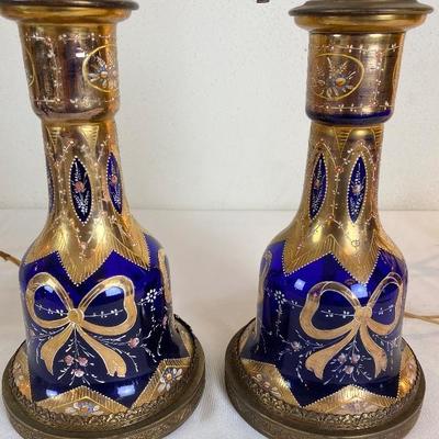 Pair of Bohemian Cobalt Blue w/Gold Overlay Lamps.  