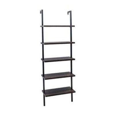 Nathan James Theo 5-Shelf Ladder Bookcase Rustic Dark Walnut Brown Wood Black Metal Frame