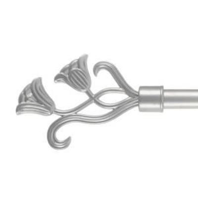 66 in. - 144 in. Telescoping 34 in. Dia Single Curtain Rod in Silver with Floral Finial