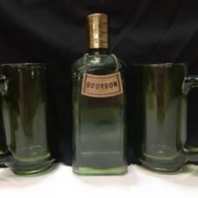 Green Glass Bourbon Decanter with matching Green Glass Mugs
