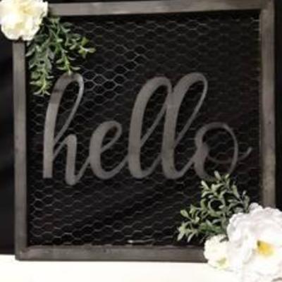 Black Metal with Chicken Wire Background Welcome Sign with Faux White Flowers