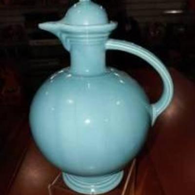 Rare 1930's Fiesta Turquoise Carafe Water Jug with Cork Lid  Made in the USA 14 Tall -WILL SHIP