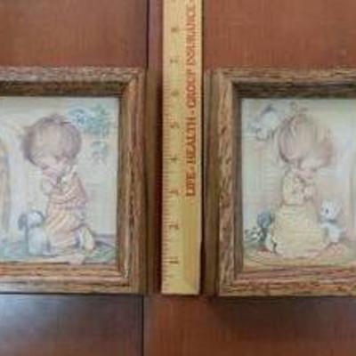 Pair of Wood Framed Pictures of Praying Girl & Boy  6.5 T x  5.5 W -WILL SHIP