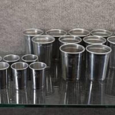 Set of 17 Aluminum Cups  6 Shot Glasses and 11 Small Drinking Cups  Marked with a Knight Helmet -WILL SHIP