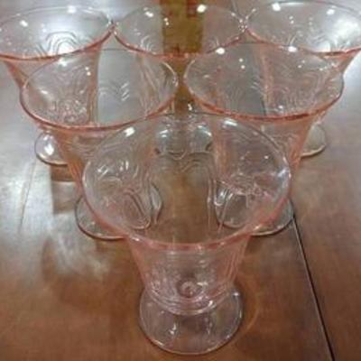 Set of 6 Depression-Like Pink Footed Sipping Glasses  3 14 Tall -WILL SHIP