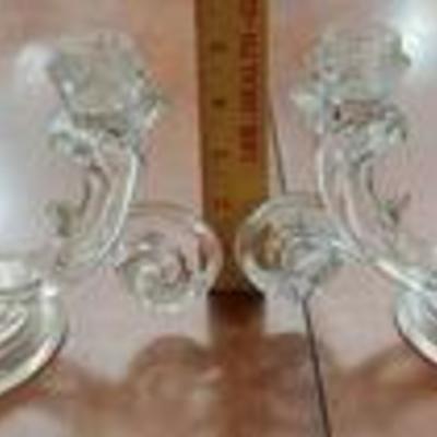 Set of 2 Clear Cut Glass Candelabras  Maker Unknown  10 W x 4 H -WILL SHIP