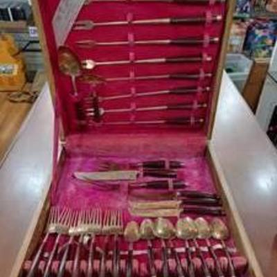 Vintage Set Brass Teak Wood Silverware  T James Jewelry  7 Forks, 8 Spoons, 3 Knives, 13 Serving Flatware -WILL SHIP