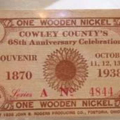 COWLEY COUNTY 68th ANNIVERSARY WOODEN NICKEL 1938