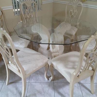 Glass Dining Room Table, 6 Chairs, Heavy Travertine Base and Beveled Glass Top Very Nice Set