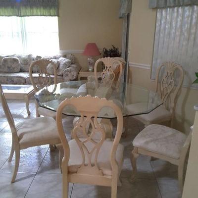 Glass Dining Room Table, 6 Chairs, Heavy Travertine Base and Beveled Glass Top Very Nice Set 