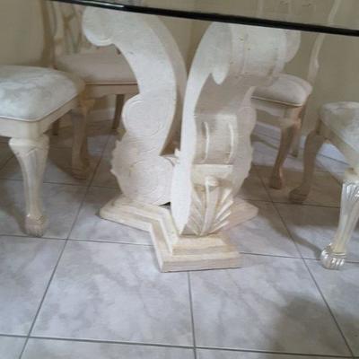 Glass Dining Room Table, 6 Chairs, Heavy Travertine Base and Beveled Glass Top Very Nice Set 