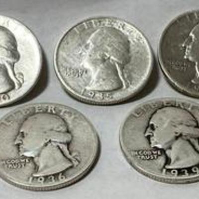 Washington Quarter Dollar Lot - 1934 - 1935 - 1936 - 1939 - 1940 - Bid Now All 5 Coins