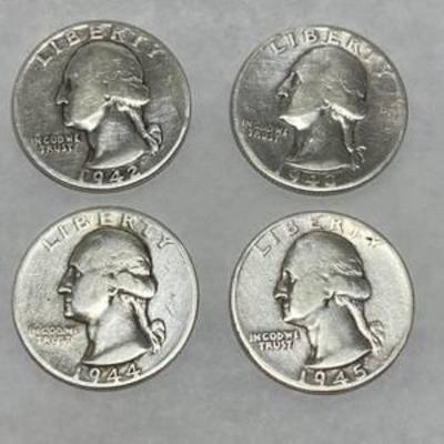 Washington Quarter Dollar Lot - 1942 - 1943 - 1944 - 1945 - Bid Now Nice Set