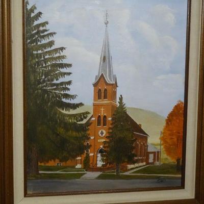 Signed Larson oil of Norway church in Viroqua, WI 