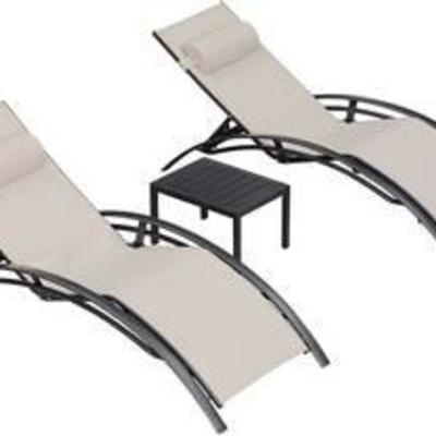 PURPLE LEAF Patio Chaise Lounge Sets 3 Pieces Outdoor Lounge Chair Sunbathing Chair with Headrest and Table for All Weather, Beige