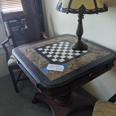 claw foot solid wood pedestal table with faux marble chessboard top 2 drawers
30