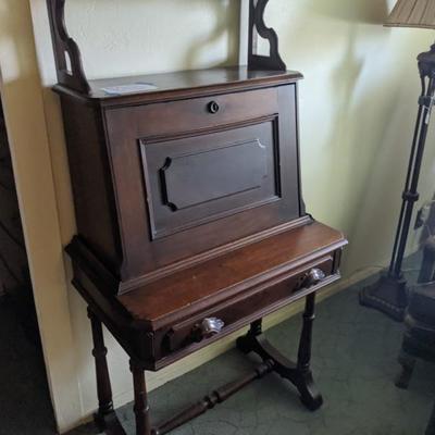 cherry antique secretary desk with upper book shelf hand carved wood pulls 
30