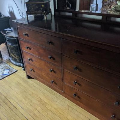 Somerton 8 drawer dark wood dresser with mirror and square metal pulls, nice slide (some scratches on top)
66