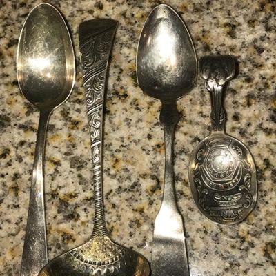 STERLING - As grouped - 4 spoons - 2 plain - 2 ornate