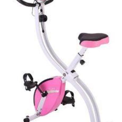 PLENY Foldable Upright Stationary Exercise Bike with 16 Level Resistance, New Exercise Monitor with PhoneTablet Holder (Pink)