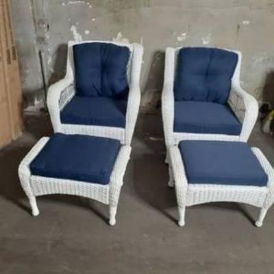 Pair of White Wicker Style Patio Chairs with Ottomans