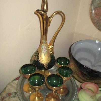 Vintage Moser Style Czech Bohemian Green Glass Decanter Set, Green Gold  