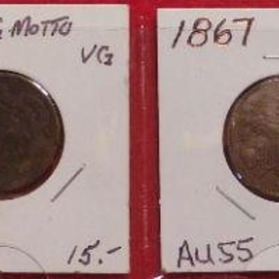 1864 and 1867 2 Cent Pieces - 1884 V Nickel - 1908-O Barber Quarter