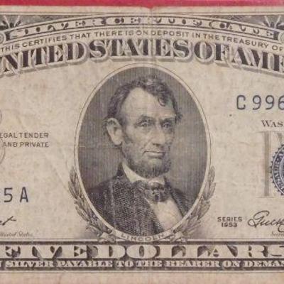 1953 Blue Seal Silver Certificate $5 Note