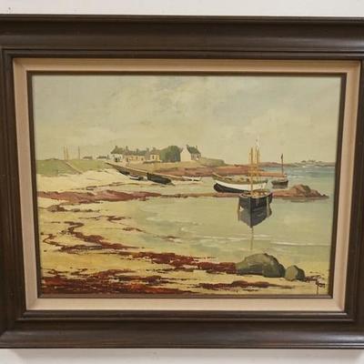 1006	FRAMED OIL ON CANVAS OF A FRENCH SHORE TOWN SIGNED LOWER RIGHT, WRITTEN ON THE REVERSE *LOCQUUEMEAU EN TREDREZ COTES DU NORD*
