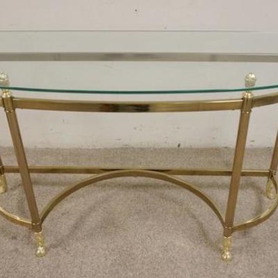 1076	BRASS & GLASS HALLWAY DEMILUNE TABLE, 46 1/2 IN WIDE X 16 IN DEEP X 26 IN HIGH
