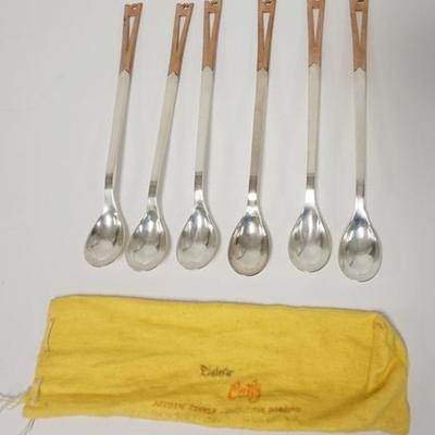 1031	SET OF 6 MIXED METAL VICTORIA TAXCO MEXICO LONG ICE TEA SPOONS, #541, MARKED COPPER W/ORIGINAL FELT ENVELOPE, 9 1/2 IN LONG
