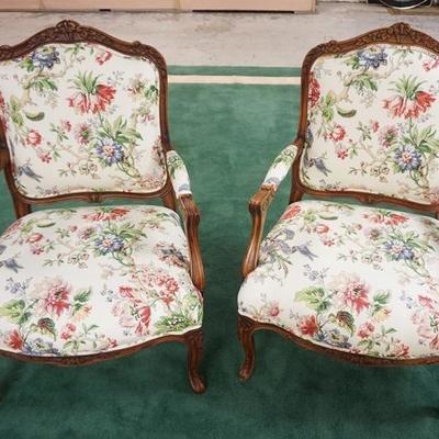 1036	PAIR OF CARVED FRENCH STYLE ARM CHAIRS, 29 1/4 IN WIDE X 39 IN HIGH
