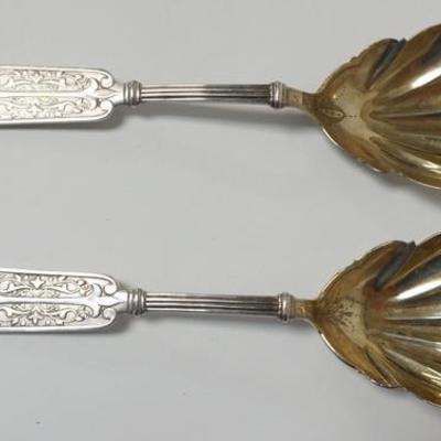 1023	2 ENGLISH STERLING SILVER SERVING SPOONS W/SHELL FORM GOLD WASHED BOWL, 8 1/2 IN LONG, 3.045 TROY OZ
