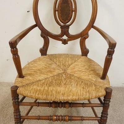 1038	CARVED WALNUT MEDALLION BACK RUSH SEAT CHAIR, 22 1/4 IN WIDE X 38 1/2 IN HIGH
