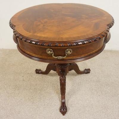 1059	HENKEL HARRIS CARVED & BANDED MAHOGANY PEDESTAL TABLE W/BALL & CLAW FEET & DRAWER, CLOVERLEAF TOP, 29 1/2 IN ACROSS, 28 1/2 IN HIGH
