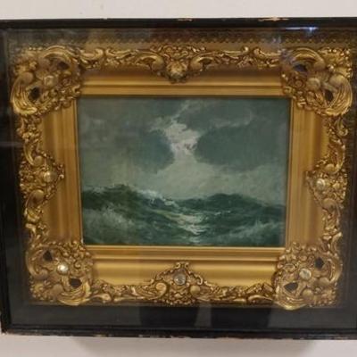 1003	OIL ON CANVAS OF STORMY SEAS IN AN ORNATE GILT FRAME ENCASED IN A SHADOW BOX FRAME, OVERALL DIMENSIONS 19 3/4 IN X 16 3/4 IN X 3 IN...