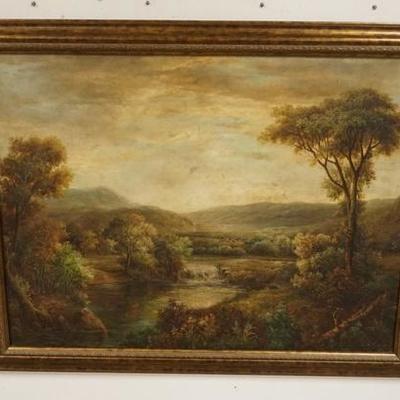 1081	LARGE OIL PAINTING OF A LANDSCAPE W/STREAM, 51 IN X 41 IN OVERALL
