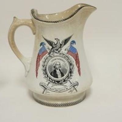 1013	3 PATRIOTIC PITCHERS, GEORGE WASHINGTON 1796 W/VERSE MARKED W/AN M BETWEEN AN EAGLES WINGS, BUFFALO POTTERY GEORGE WASHINGTON & ONE...
