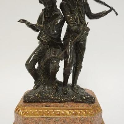 1049	BRONZE OF 2 MUSICIANS ON A PINK MARBLE BASE, 8 1/2 IN X 6 IN X 13 1/2 IN HIGH
