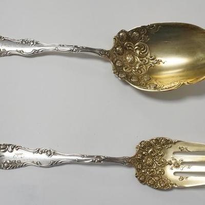 1021	STERLING SILVER 2 PIECE SALAD SET W/GOLD WASH, PAT 1892, 5.845 TROY OZ, LARGEST IS 10 1/8 IN
