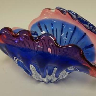1056	LARGE CRANBERRY TO BLUE BLOWN GLASS BOWL, CASED IN CRYSTAL, RIBBED PATTERN, POLISHED BASE, 11 1/2 IN X 7 1/2 IN X 6 1/2 IN HIGH
