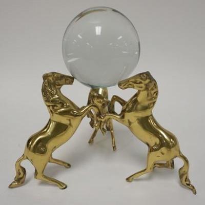1052	CRYSTAL BALL IN BRASS 3 HORSE HOLDER, 9 1/2 IN TOTAL HEIGHT
