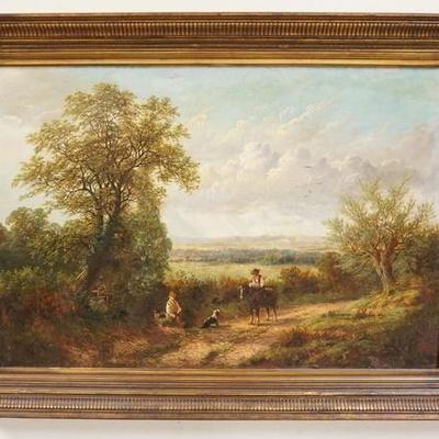 1011	FRAMED OIL ON CANVAS LANDSCAPE W/PEOPLE & DOGS INCLUDING A MAN ON HORSEBACK, OVERALL 35 IN X 25 IN
