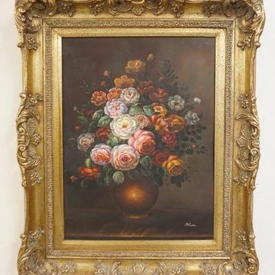 1039	OIL ON CANVAS STILL LIFE IN GILT FRAME, ROSES, OVERALL DIMENSION 26 1/4 IN X 32 1/2 IN
